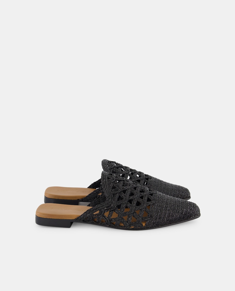 Sapatos Rasos Tipo Babuchas de Ráfia Preto-1