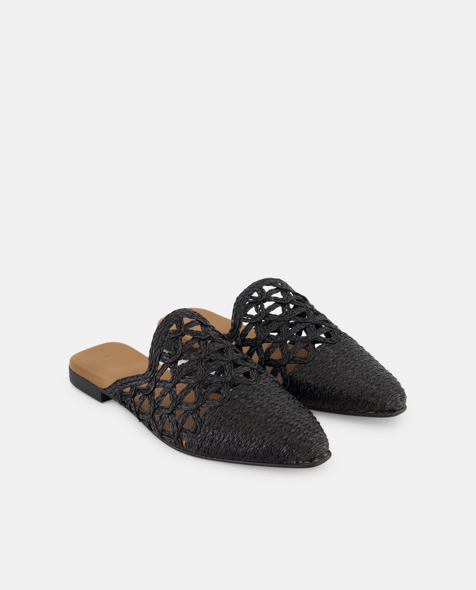 Sapatos Rasos Tipo Babuchas de Ráfia Preto-2