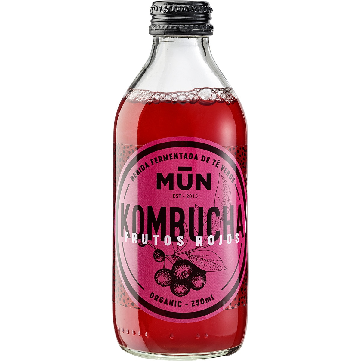 Kombucha bebida fermentada de té verde sabor a frutos rojos ecológica, sin gluten y vegana botella 250 ml baja en azúcar