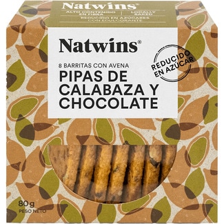 barritas con avena y espelta, semillas de calabaza y chocolate sin azúcar añadido envase 80 g - Natwins