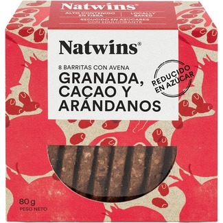 barritas con avena y espelta, granada, cacao y arándanos sin azúcar añadido envase 80 g - Natwins