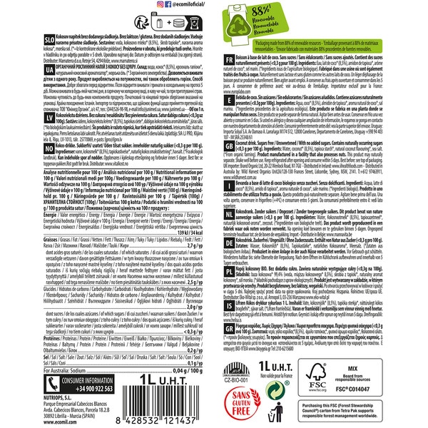 Bio-Kokosnussmilch, laktosefrei und glutenfrei Behälter 1 l