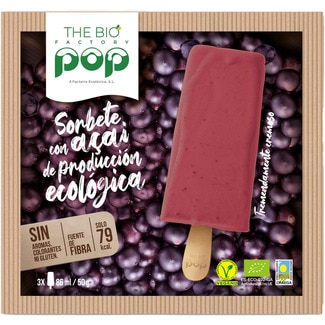 Pop sorbete vegano con açai de producción ecológica sin gluten y sin lactosa 3 unidades envase 258 ml - The Bio Factory