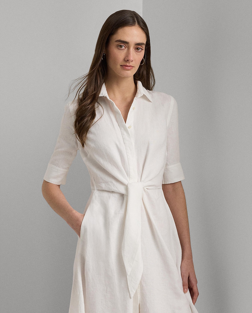 Vestido camiseiro de linho Branco-4