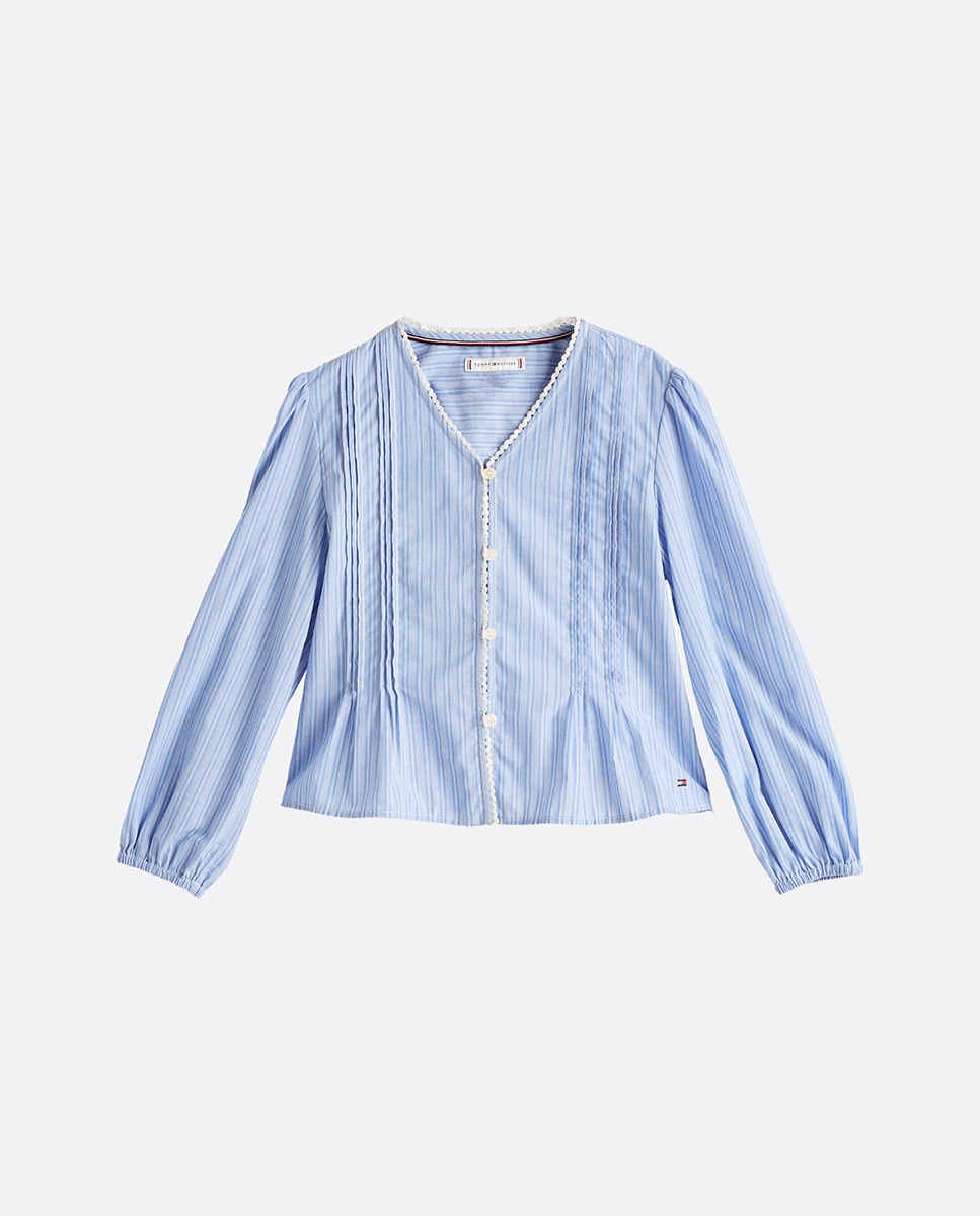 Camisa de Manga Comprida com Decote em Bico Azul-6
