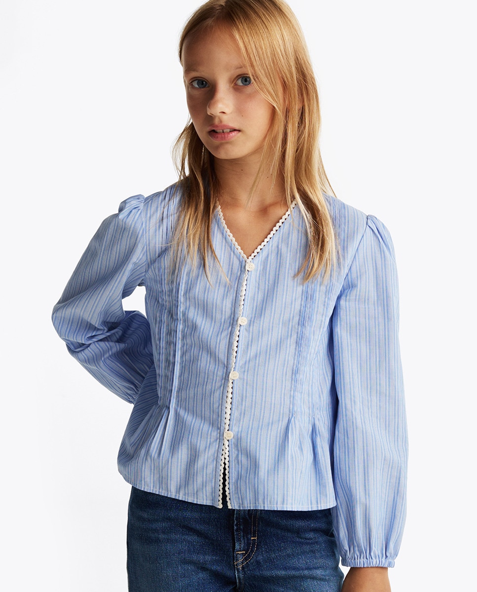 Camisa de Manga Comprida com Decote em Bico Azul-1