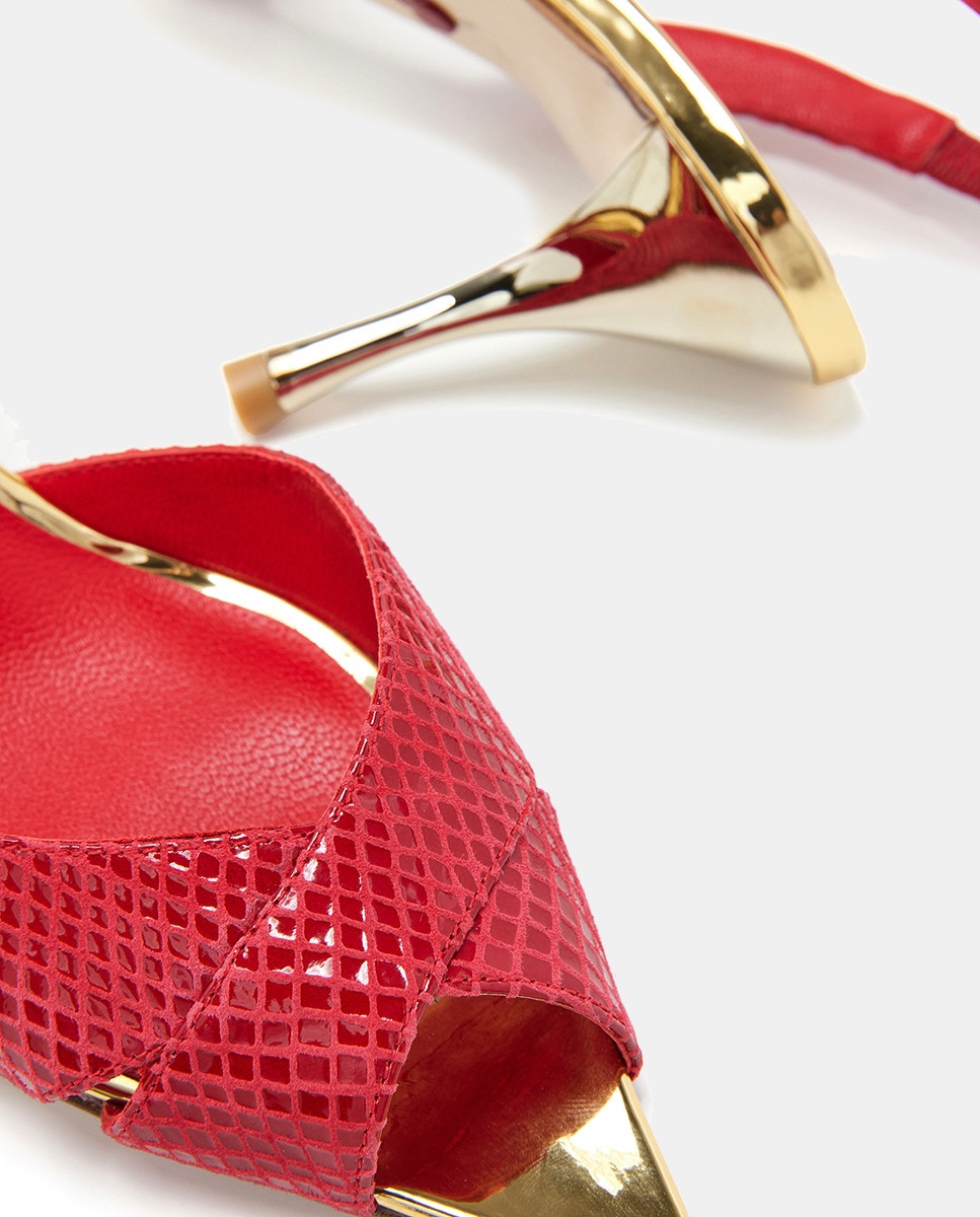 Sandálias Peep-Toe em Pele Gravada com Detalhes Dourados - Vermelho Vermelho-5