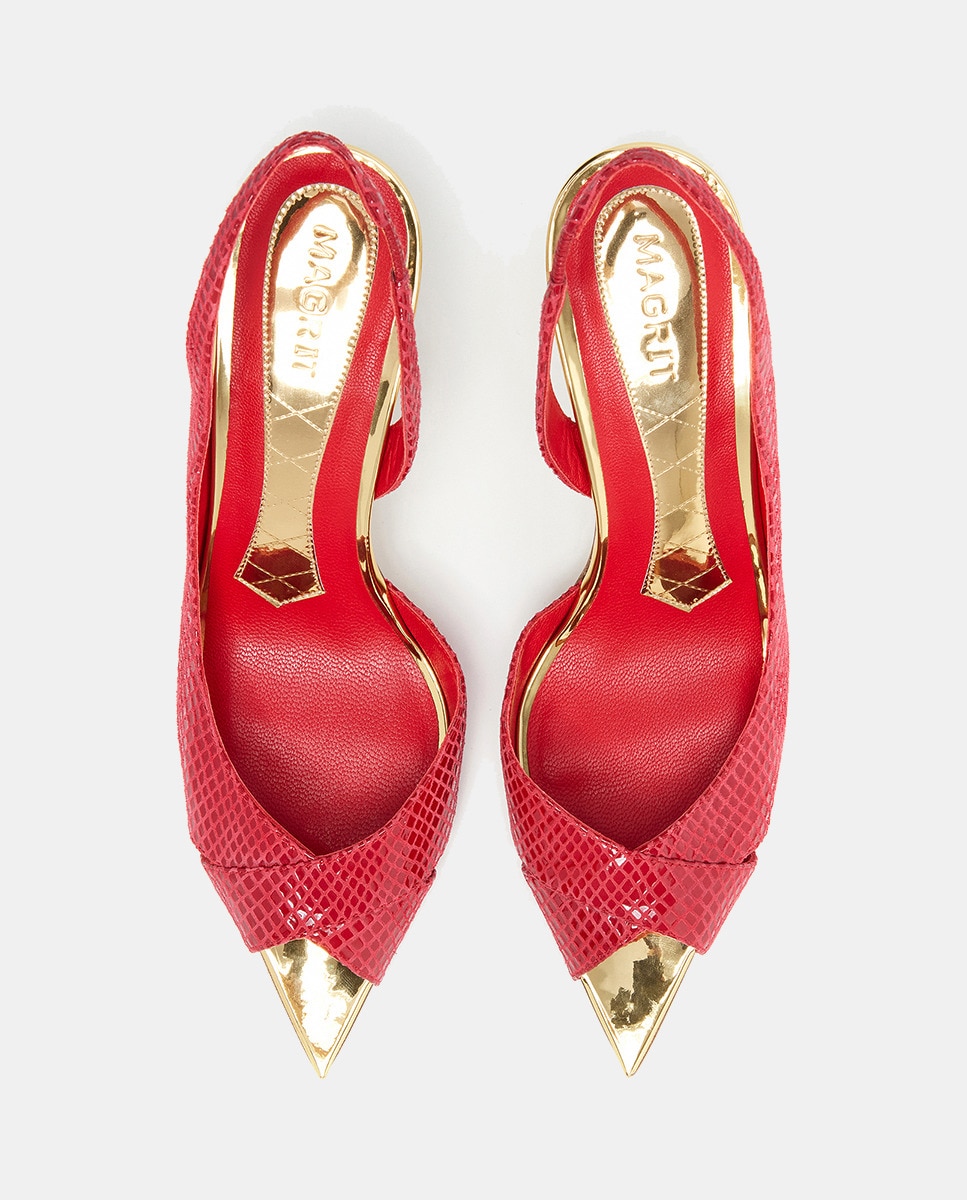 Sandálias Peep-Toe em Pele Gravada com Detalhes Dourados - Vermelho Vermelho-4