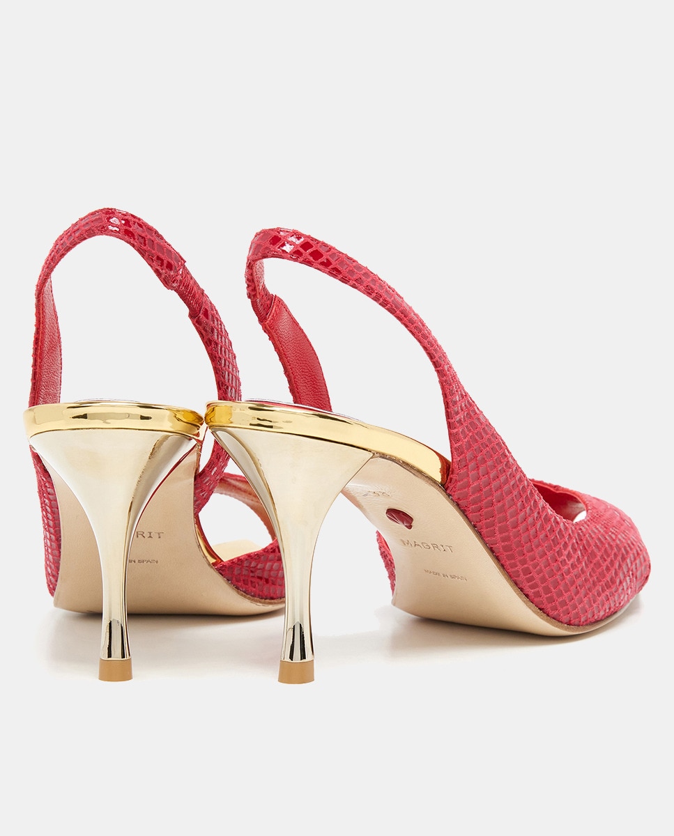 Sandálias Peep-Toe em Pele Gravada com Detalhes Dourados - Vermelho Vermelho-3