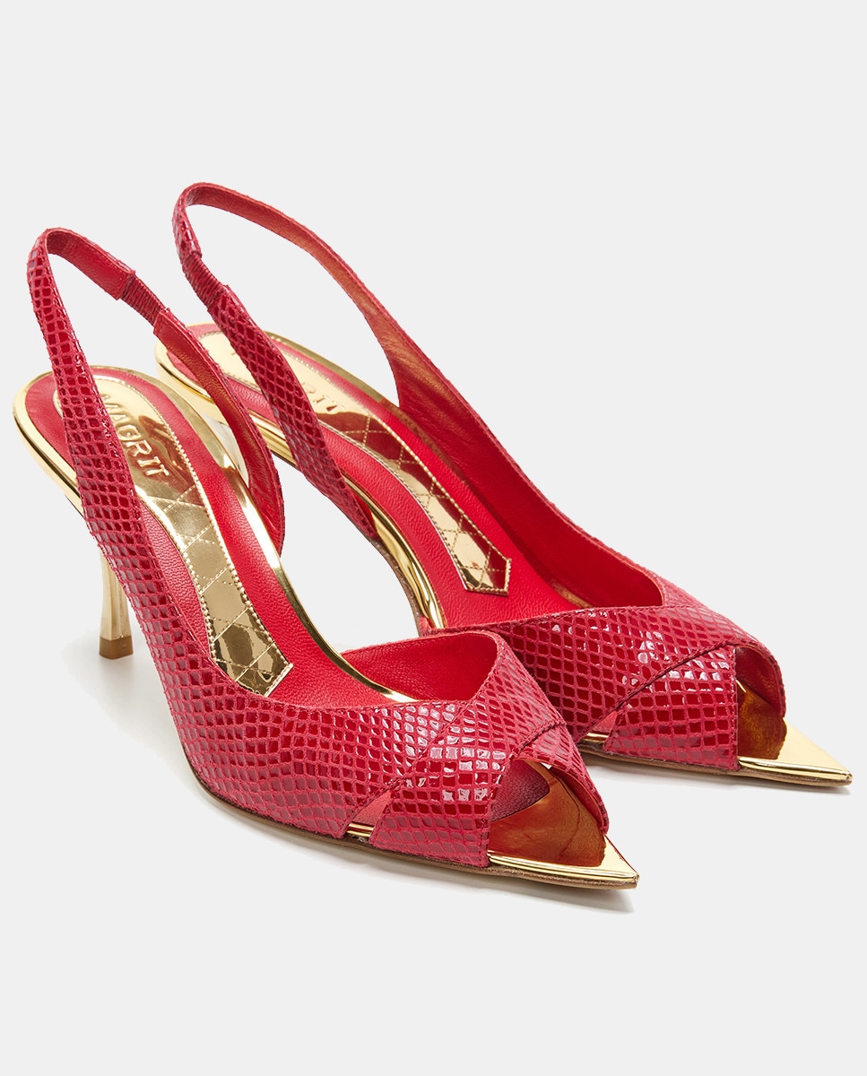 Sandálias Peep-Toe em Pele Gravada com Detalhes Dourados - Vermelho Vermelho-2