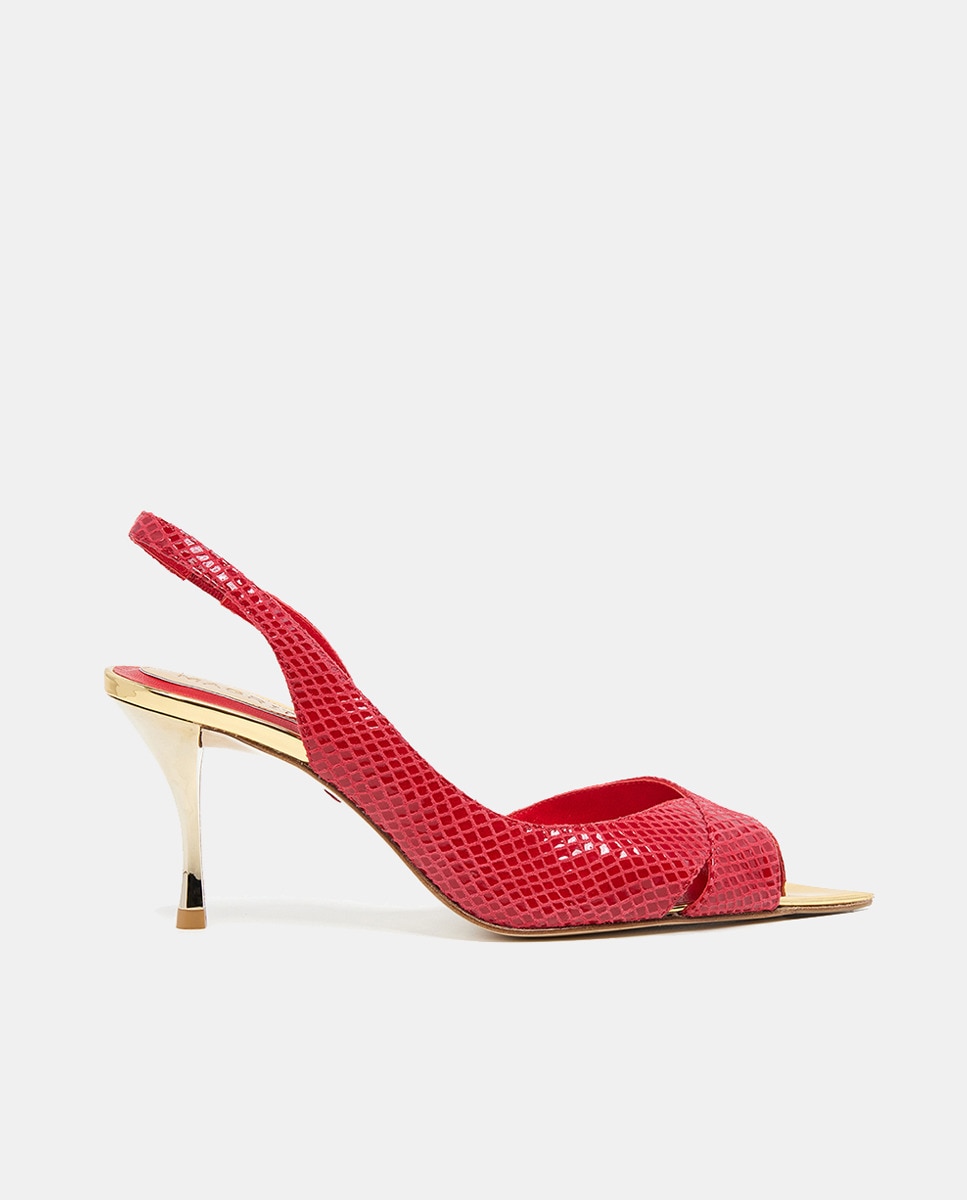 Sandálias Peep-Toe em Pele Gravada com Detalhes Dourados - Vermelho Vermelho-1