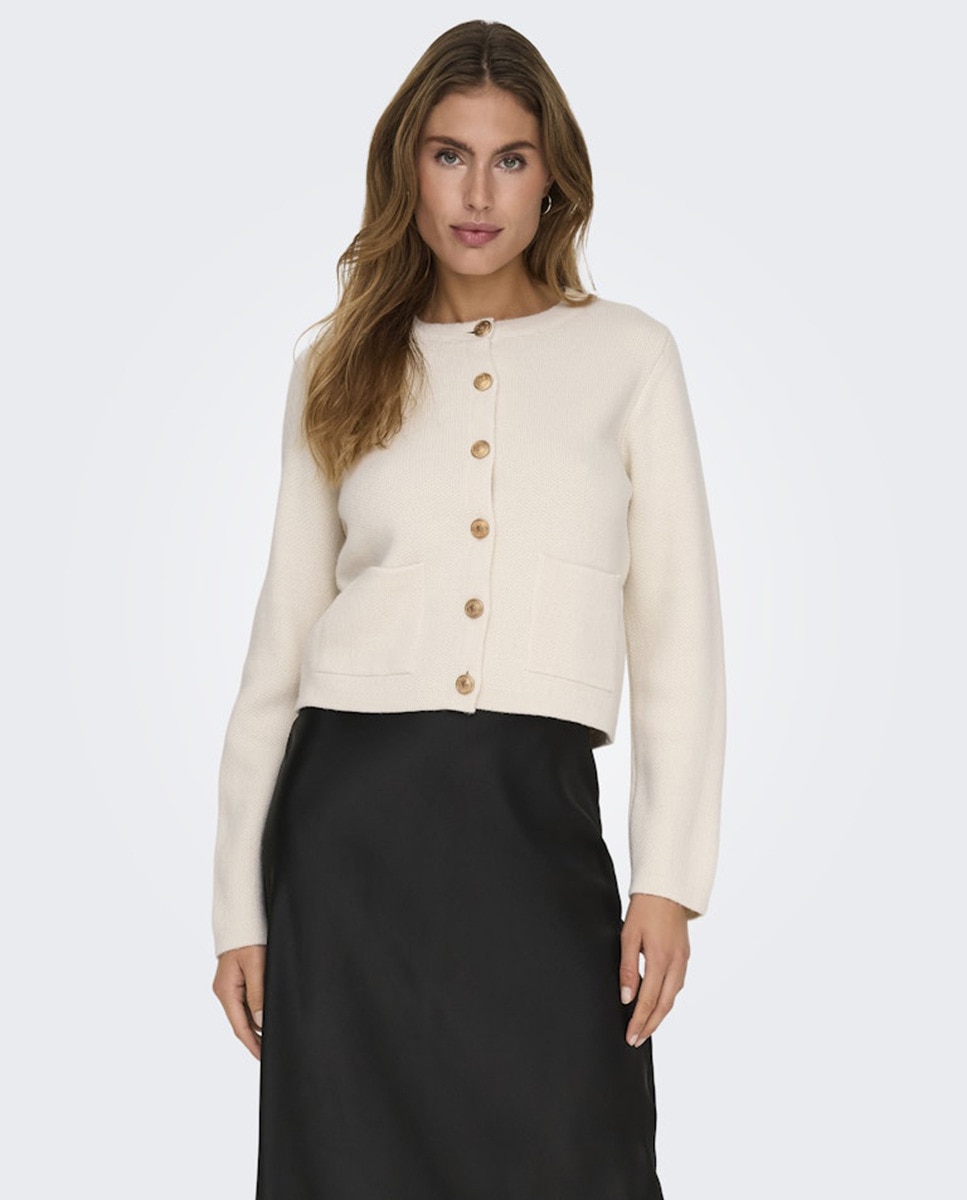 Cardigan de Manga Comprida e Decote Redondo Creme-1