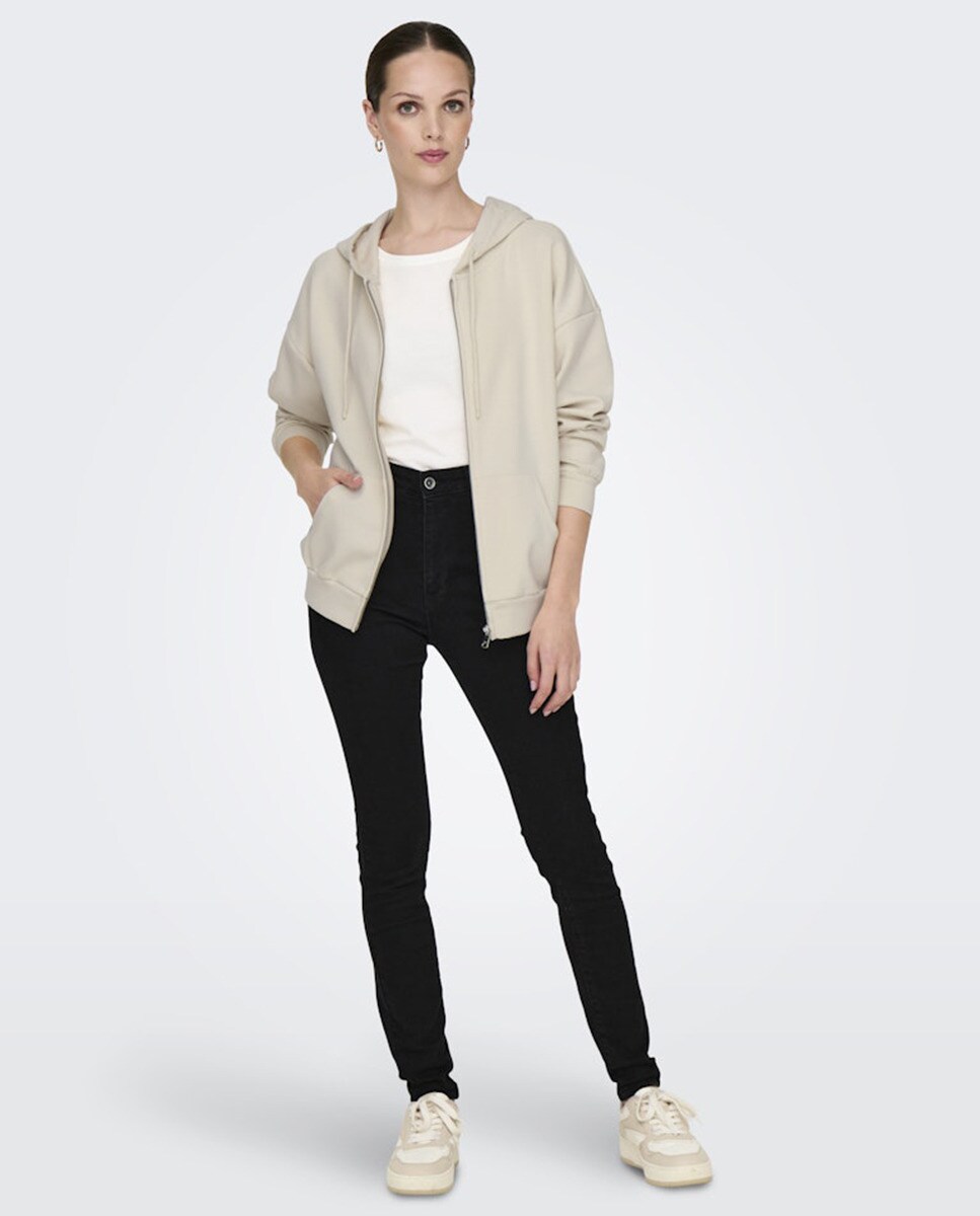 Sweatshirt Aberta com Fecho de Correr e Capuz Bege-7
