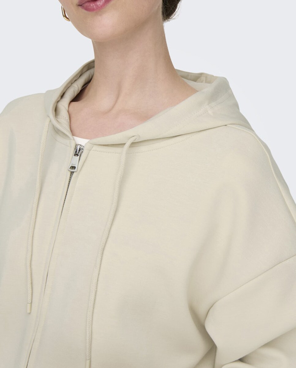 Sweatshirt Aberta com Fecho de Correr e Capuz Bege-4
