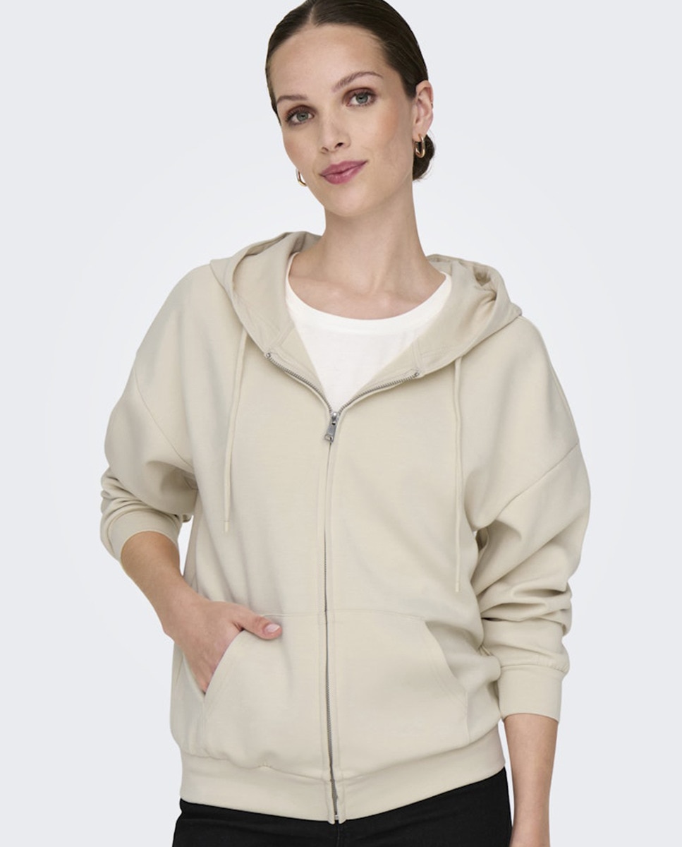 Sweatshirt Aberta com Fecho de Correr e Capuz Bege-3