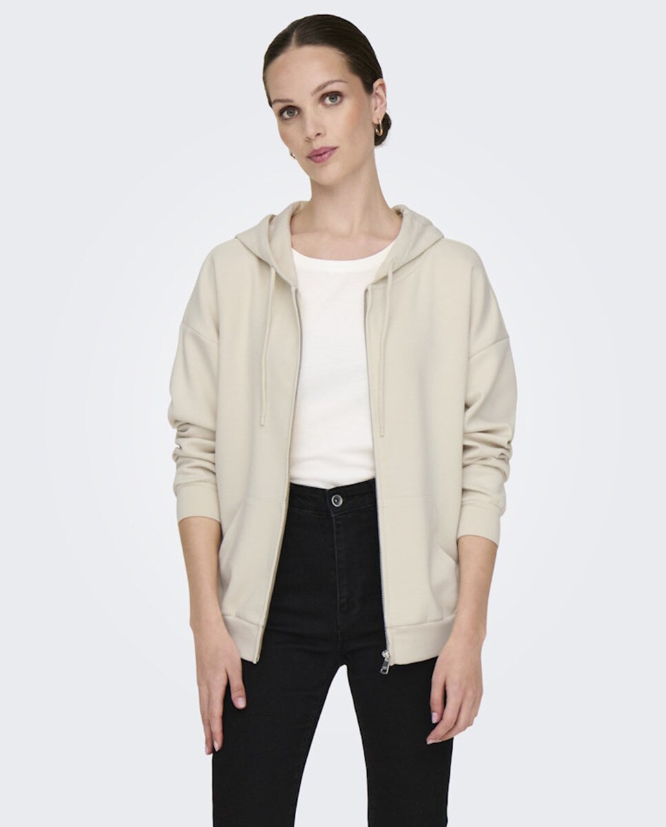 Sweatshirt Aberta com Fecho de Correr e Capuz Bege-1
