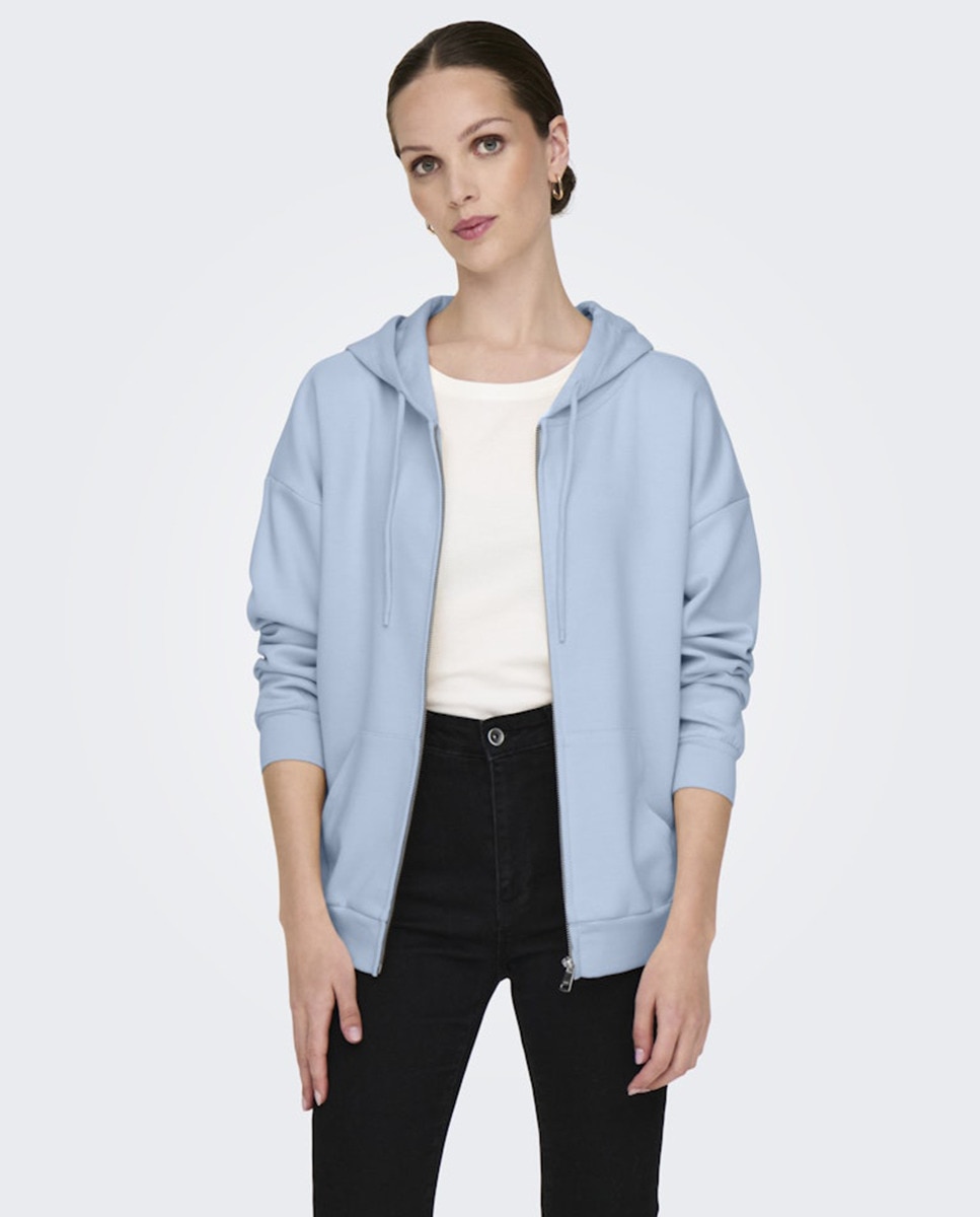Sweatshirt Aberta com Fecho de Correr e Capuz Azul-claro-1