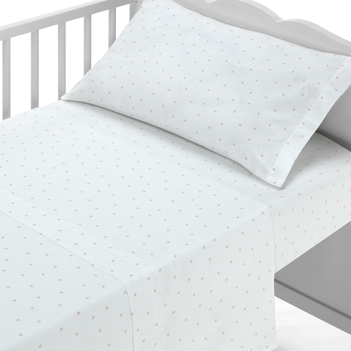 Set de cuna formado por sábana encimera, sábana bajera ajustable y funda de almohada corazones Rosa-1