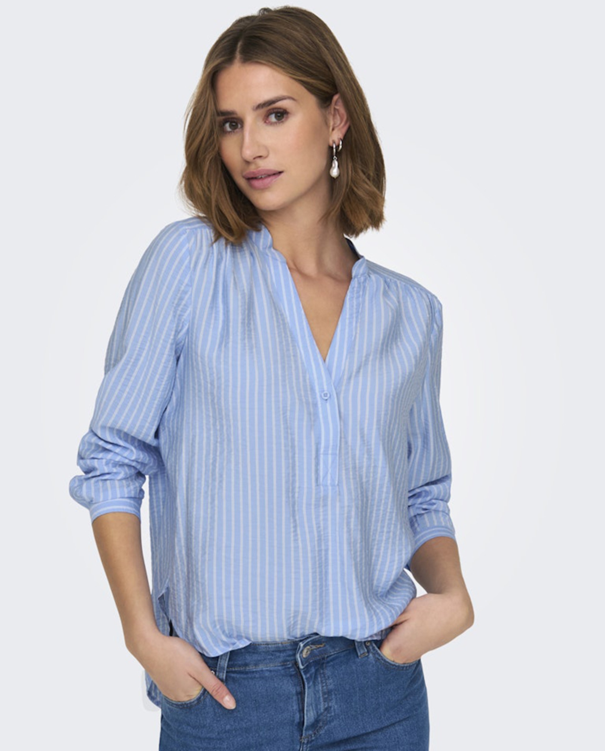Camisa de mulher com manga comprida Azul-4
