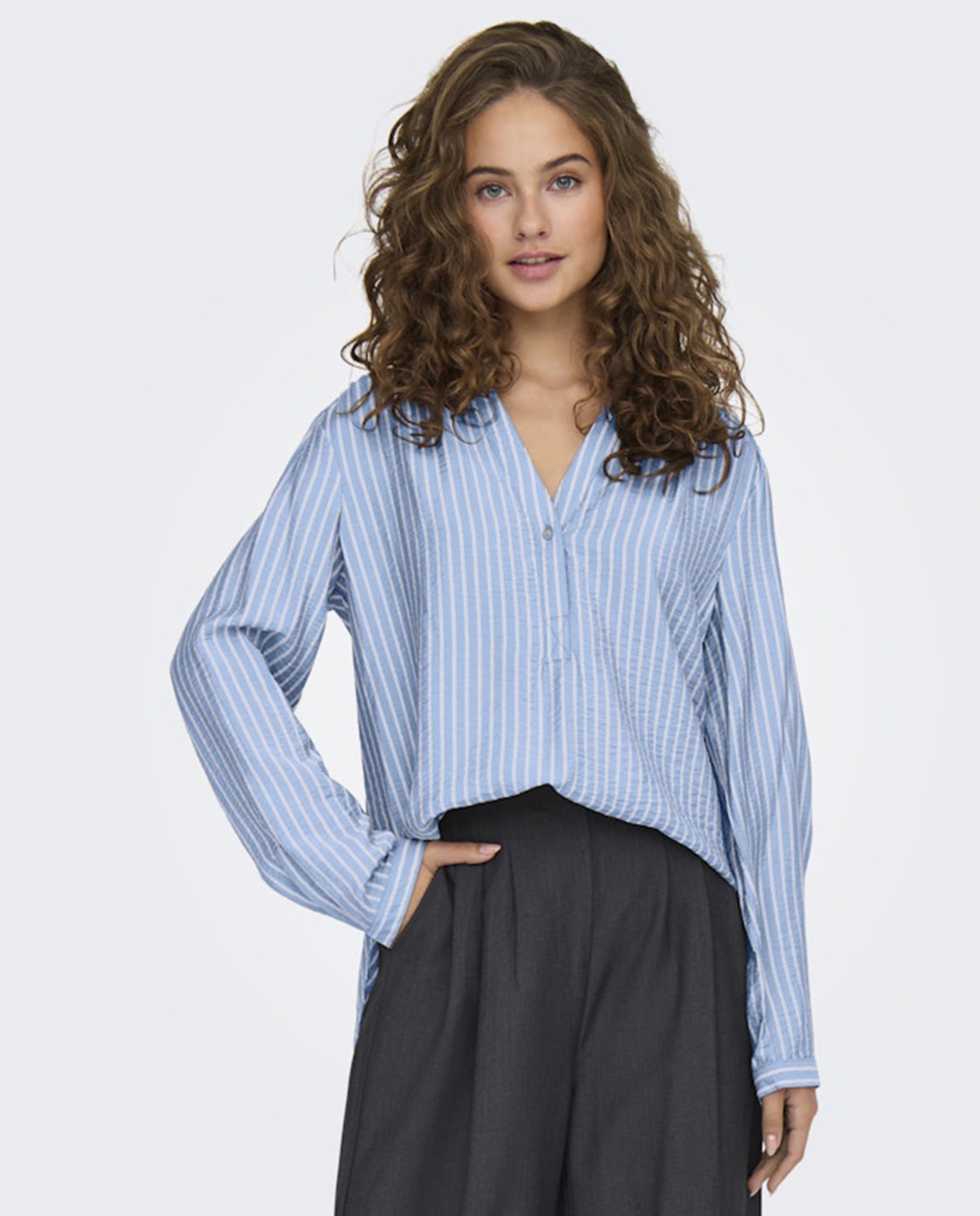 Camisa de mulher com manga comprida Azul-1