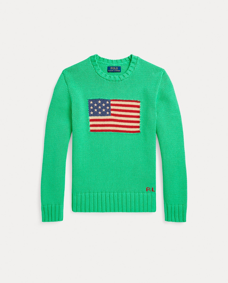 Camisola de Malha de Algodão com Bandeira dos EUA Verde-1