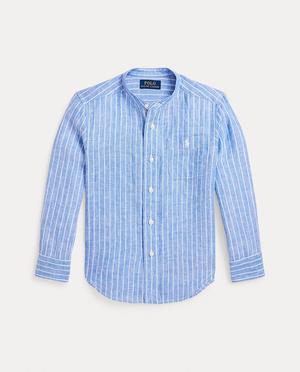 Camisa de Linho com Manga Comprida Azul-4