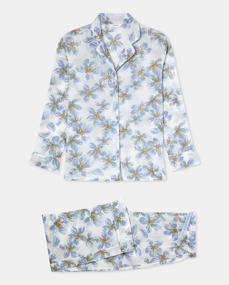 Pijama Camiseiro com Estampado Floral Azul-4