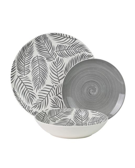 Imagen 0 de Vajilla 18 pzs porcelana gris hojas, plato llano:ø27cm