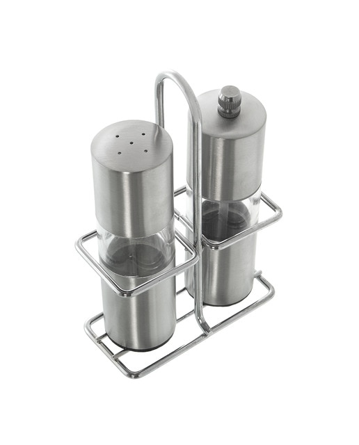 Imagen 0 de Set salero+pimentero acero ino x, acrilico con soporte metal cr