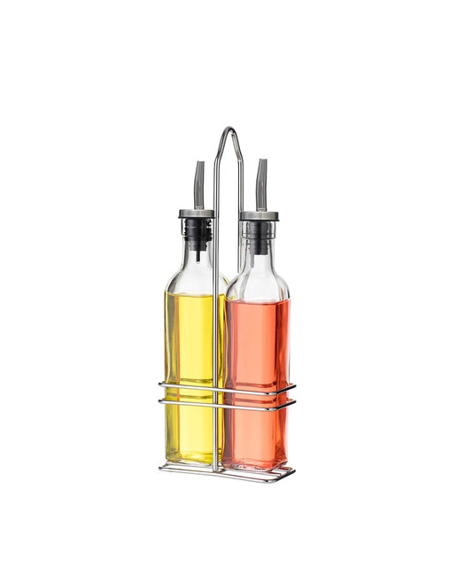 Imagen 0 de Set vinagreras 2 pzs cristal 2 50ml con soporte acero inox.