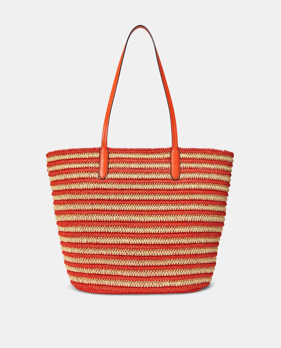 Mala Tipo Tote Brie Grande de Ráfia às Riscas Laranja-3