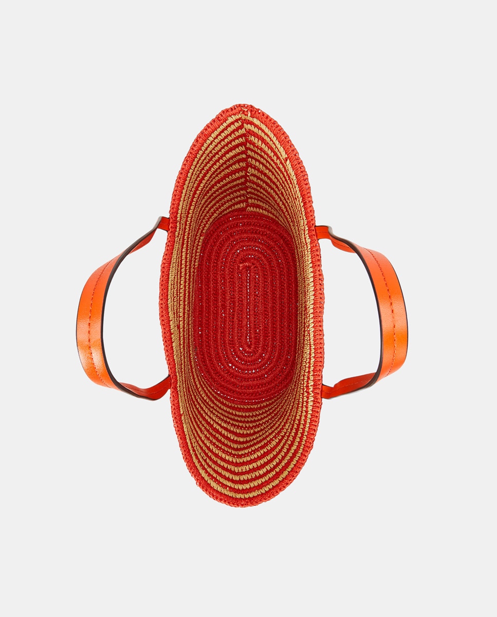 Mala Tipo Tote Brie Grande de Ráfia às Riscas Laranja-4