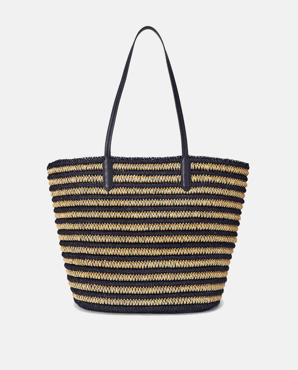 Mala Tipo Tote Brie Grande de Ráfia às Riscas Azul-marinho-4