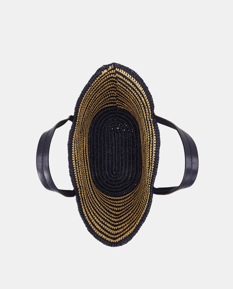 Mala Tipo Tote Brie Grande de Ráfia às Riscas Azul-marinho-5