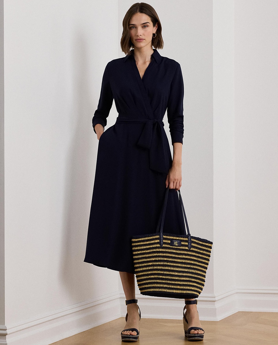 Mala Tipo Tote Brie Grande de Ráfia às Riscas Azul-marinho-2