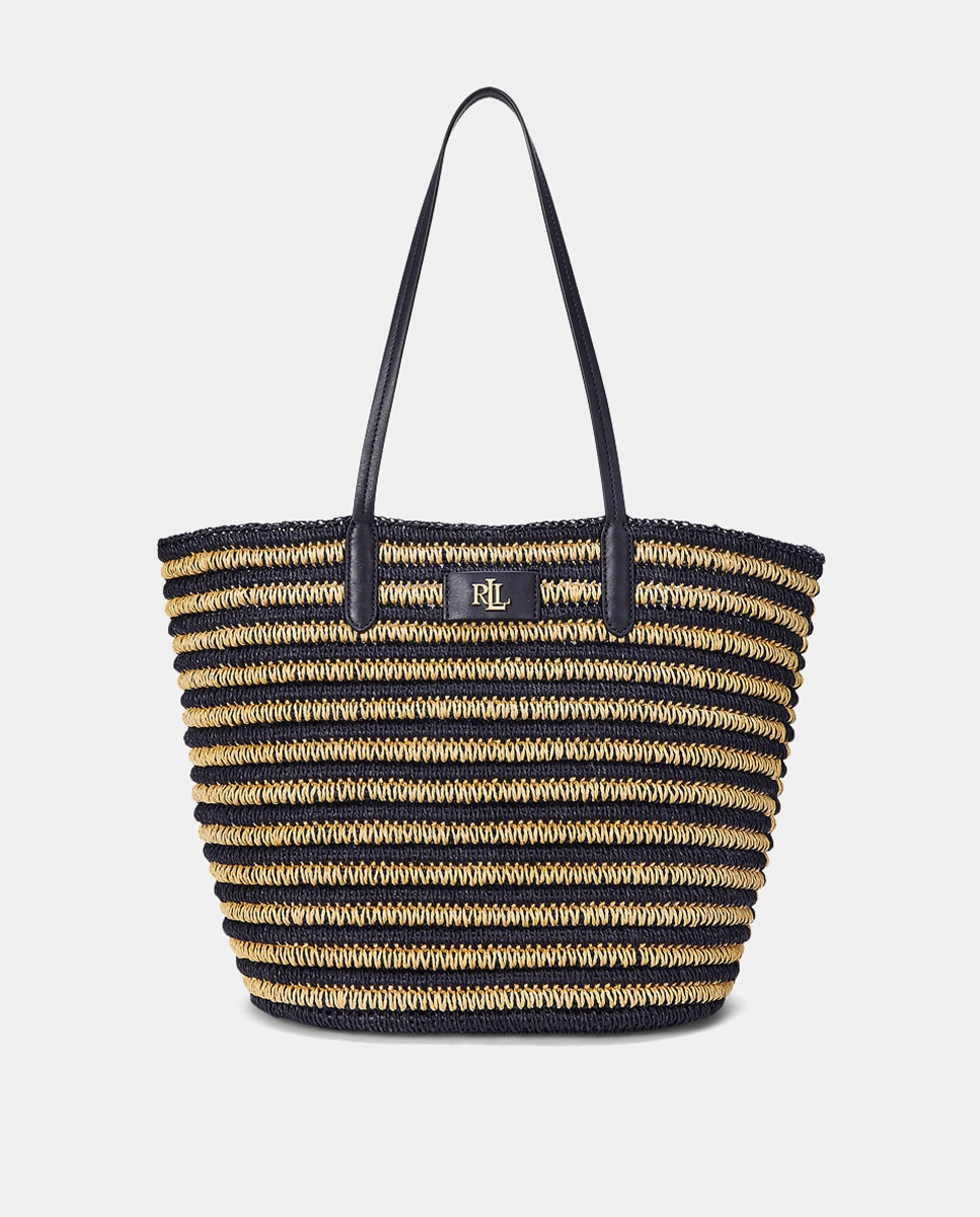Mala Tipo Tote Brie Grande de Ráfia às Riscas Azul-marinho-1