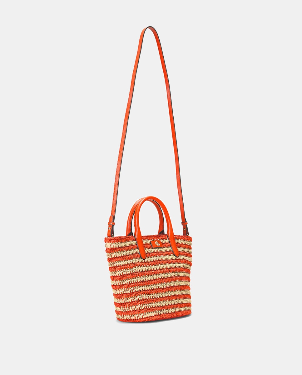 Mala Tipo Tote Brie Média de Ráfia às Riscas Laranja-4