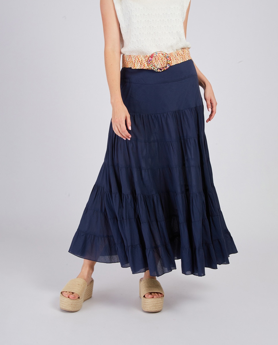 Saia Comprida Relaxed com Folhos Azul-marinho-1