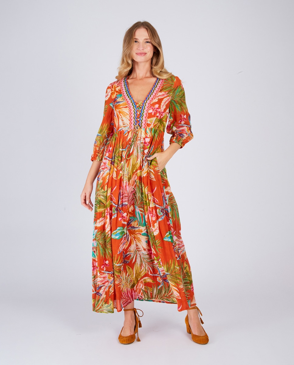 Vestido Comprido com Decote em Bico e Manga 3/4 Laranja-6