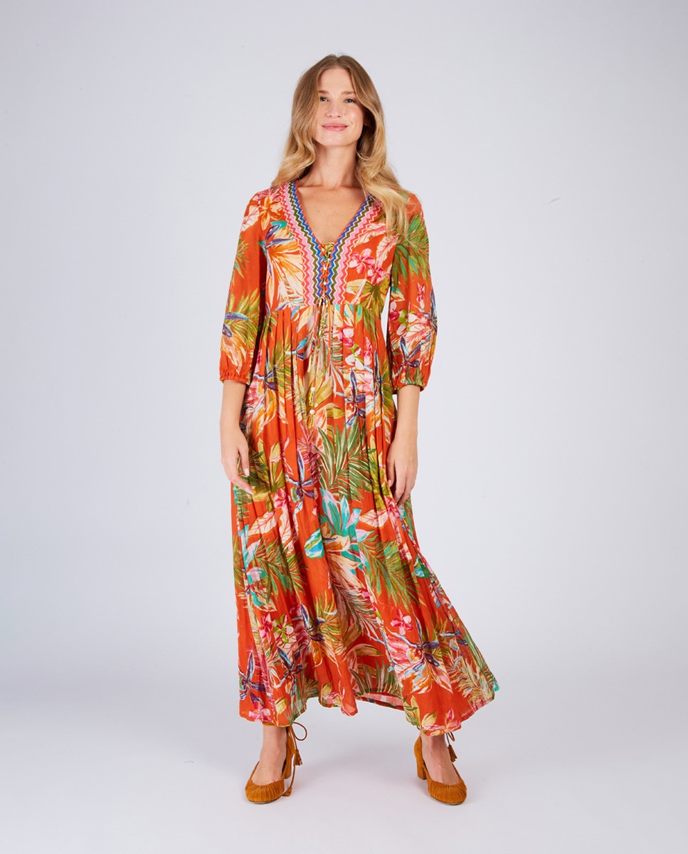 Vestido Comprido com Decote em Bico e Manga 3/4 Laranja-5