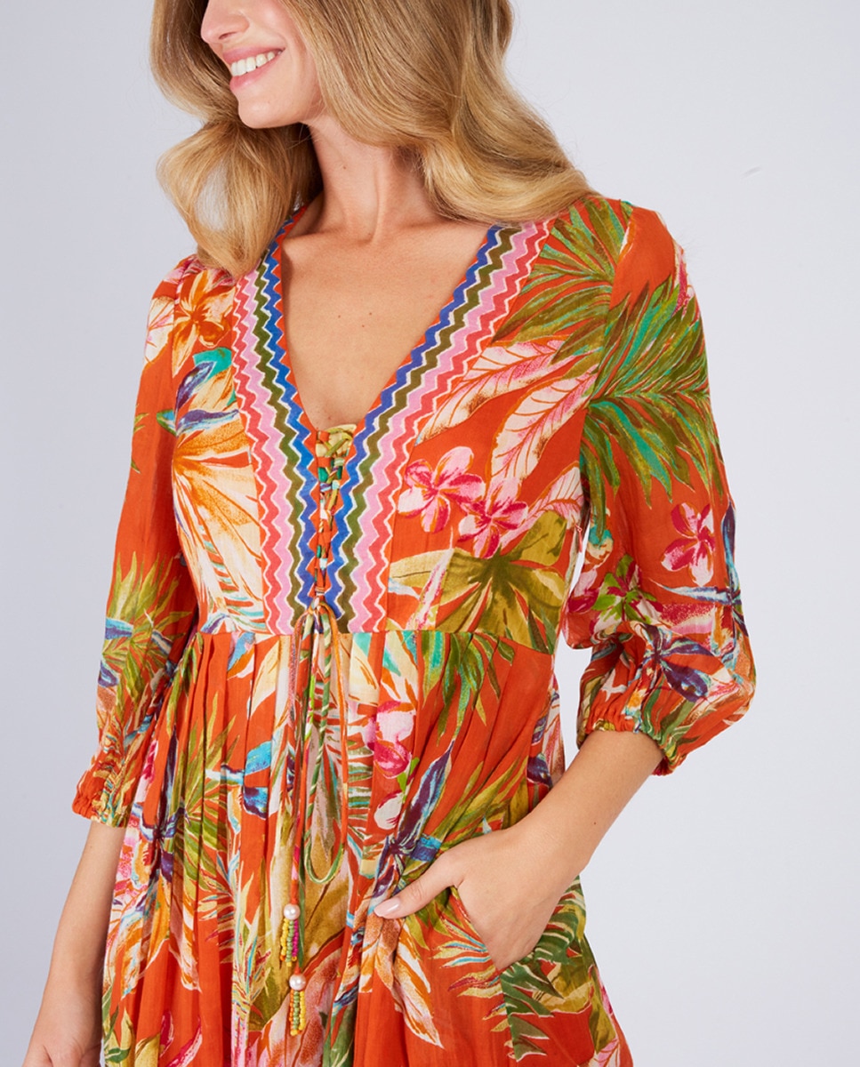 Vestido Comprido com Decote em Bico e Manga 3/4 Laranja-4