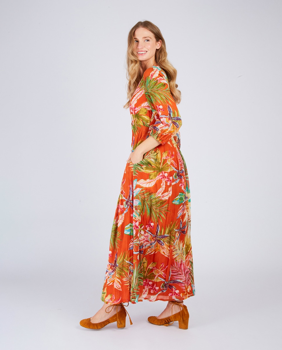 Vestido Comprido com Decote em Bico e Manga 3/4 Laranja-3