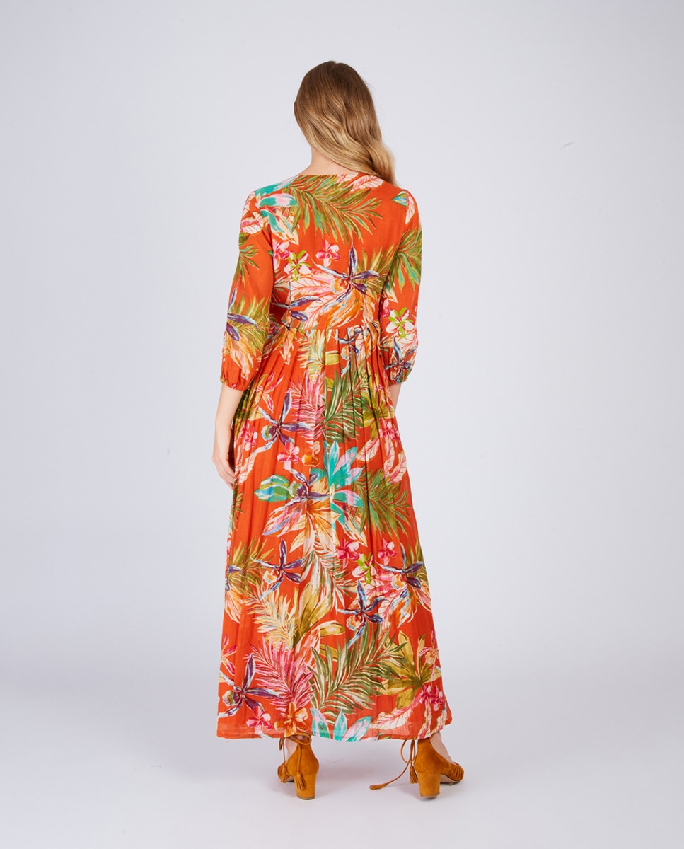 Vestido Comprido com Decote em Bico e Manga 3/4 Laranja-2