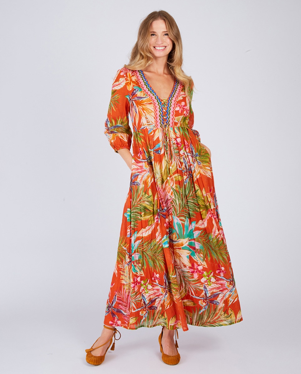 Vestido Comprido com Decote em Bico e Manga 3/4 Laranja-1