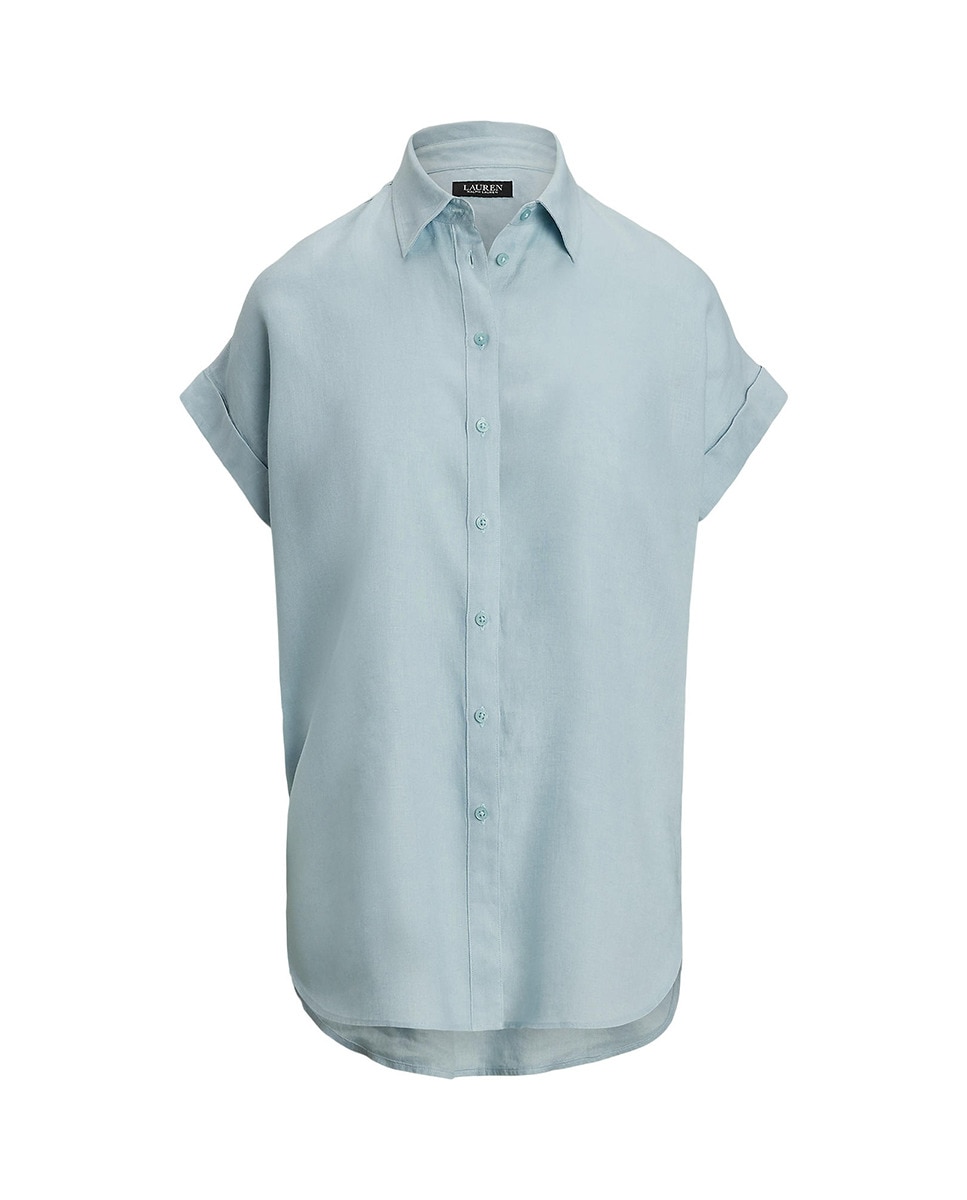 Camisa com Manga Curta e em Linho Azul-claro-5