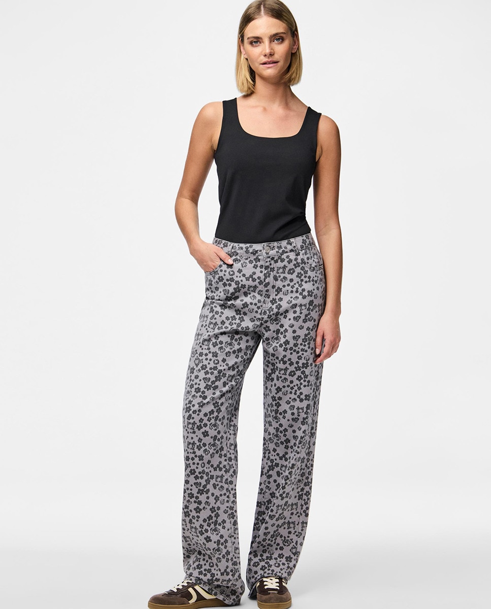 Jeans com Estampado Floral Cinzento-claro-1