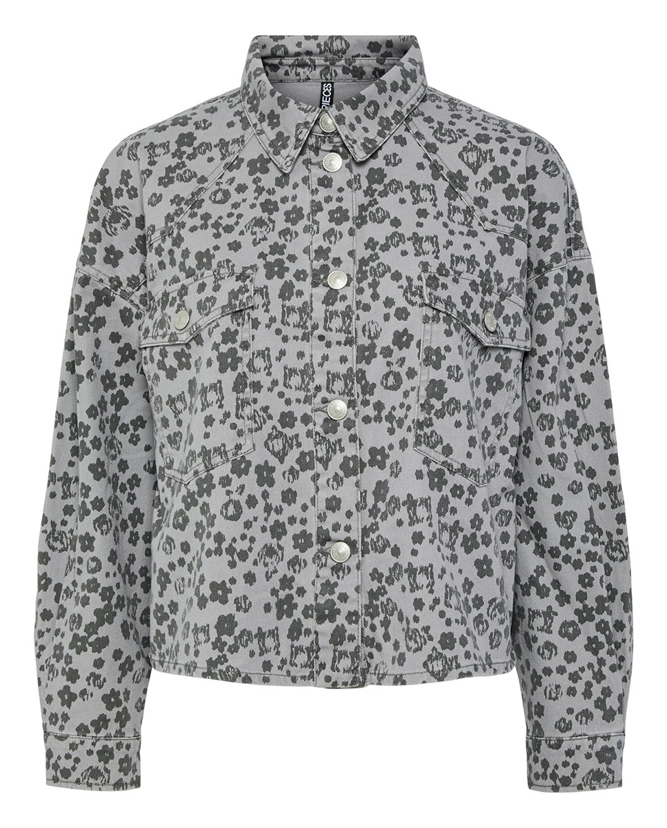 Camisa de Ganga com Estampado Floral Cinzento-claro-5