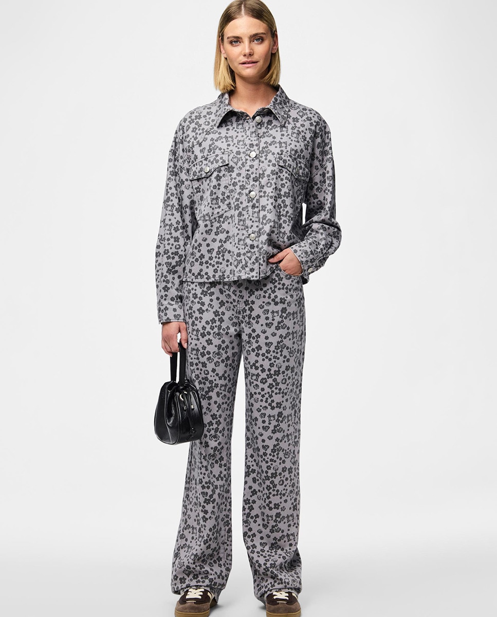 Camisa de Ganga com Estampado Floral Cinzento-claro-7