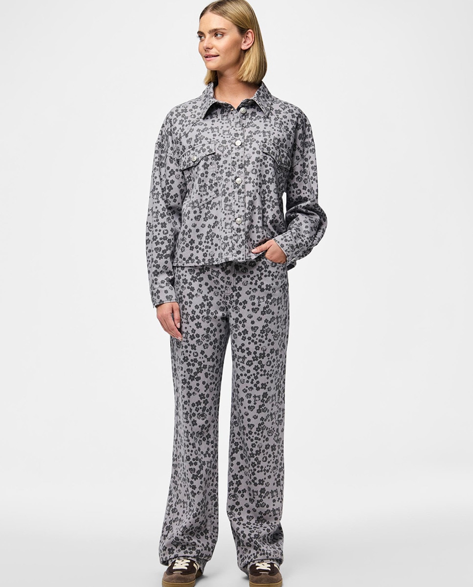 Camisa de Ganga com Estampado Floral Cinzento-claro-4