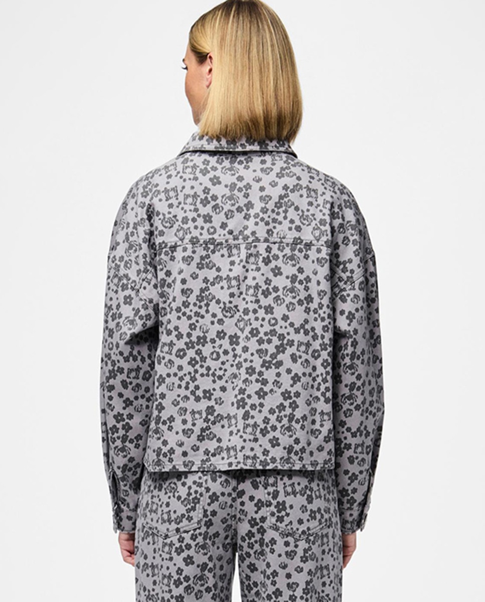Camisa de Ganga com Estampado Floral Cinzento-claro-2